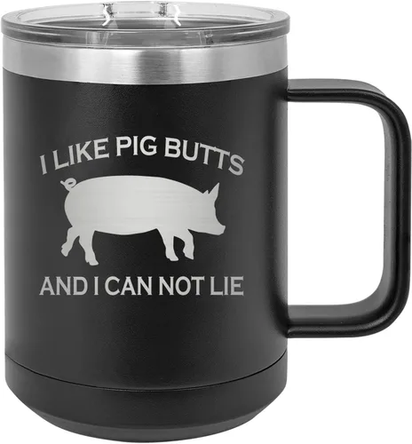 Rogue River Tactical Funny BBQ Grill I Like Pig Butts Sarcastic Joke - Taza de café negra de acero inoxidable resistente con tapa, taza novedosa,
