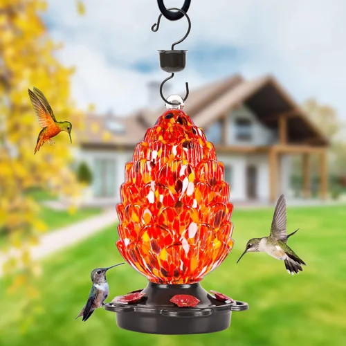 Miniatura 2 de LUJII Comedero para colibríes de vidrio soplado a mano en forma de cono de pino para colgar en exteriores, a prueba de óxido y fugas, 25 onzas Rojo