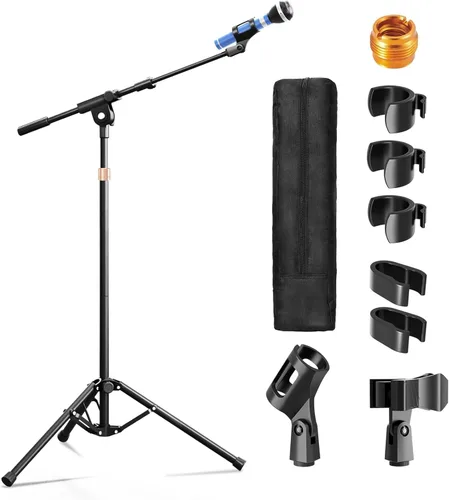 Soporte de micrófono con brazo de brazo, trípode resistente, soporte de suelo ajustable con bolsa de transporte y 2 clips de micrófono para cantar,