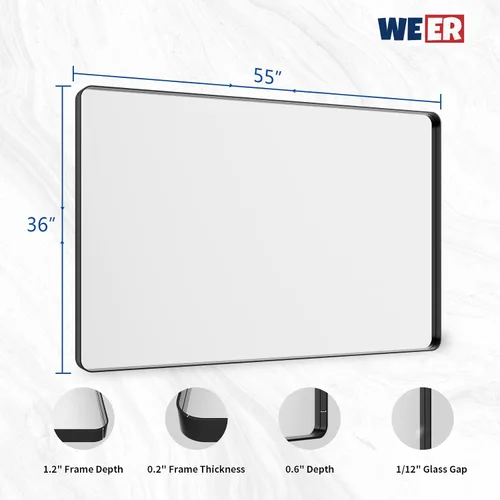 Miniatura 6 de WEER - Espejo de baño de 55x36 pulgadas con marco de metal negro, espejo de tocador de baño negro estilo casa de campo, espejos de pared de vidrio