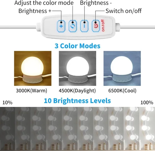 Miniatura 2 de Luces LED para espejo de tocador con 12 focos adhesivos regulables, 3000K 4500K 6500K y 10 niveles de brillo ajustables, enchufe con cable USB