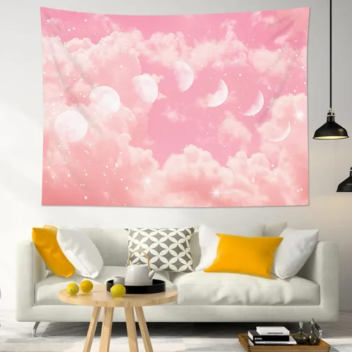 LB Tapiz de fase lunar de nube rosa, nube pastel rosa y blanca con fase lunar para dormitorio, tapiz colgante de pared de paisaje natural, arte de