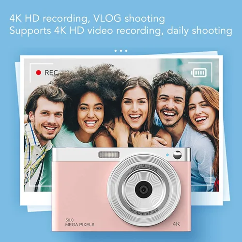 Miniatura 3 de Luqeeg Cámara digital 4K, cámara IPS HD de 2.88 pulgadas con enfoque automático AF, zoom digital, luz de relleno LED, rosa, compacta, 50 MP