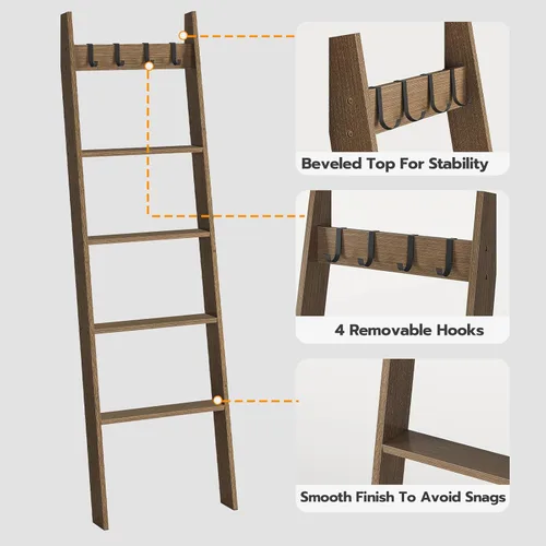 Miniatura 6 de HOOBRO Escalera para Mantas para Sala de Estar y Dormitorio, Estantería de Pared Inclinada de 5 Niveles para Toallas de Baño, Estantería