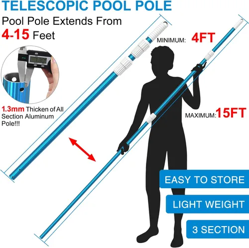 Miniatura 2 de CKE Poste telescópico de aluminio azul mejorado de 15 pies de grosor de 0.051 in, ajustable de 3 piezas ampliables, fijar redes de desnatador
