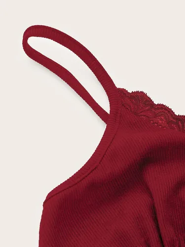 Miniatura 3 de MakeMeChic Camiseta corta sin mangas con cuello en V y ribete de encaje Y2K para mujer