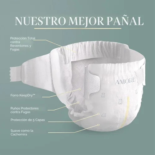 Miniatura 2 de Pampers Amore, tamaño 3 (13-26 libras), 66 unidades, nuestro mejor pañal, hipoalergénico y sin fragancia, hasta 100% a prueba de fugas, suave como