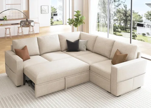 Miniatura 23 de HONBAY Sofá seccional modular con cama extraíble, sofá cama con forma de U extraíble con secciones de almacenamiento para sala de estar - Beige