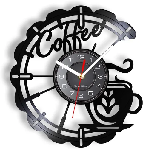 Reloj de pared vintage de 12 pulgadas, taza de café recortada, reloj de pared Longplay, decoración de cocina, cafetería, casa, café, letrero negro,