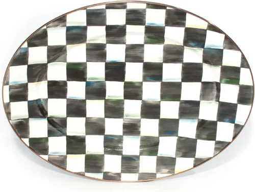 Miniatura 8 de MACKENZIE-CHILDS Bandeja Ovalada de Esmalte, Plato de Servir para Entretenimiento, Pequeño, Cuadros Cortesanos en Blanco y Negro