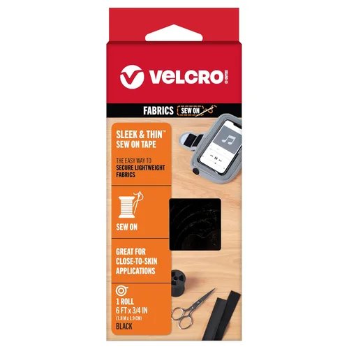 VELCRO Brand Sleek and Thin para telas | Cinta de 1.83 m x 1.9 cm, negra | Suave en la piel, ultra ligera con tecnología de carril de costura, Negro