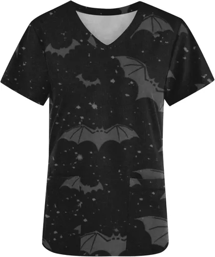 V-Neck Scrubs Tops for Women Short Sleeve Halloween T-Shirt Cute Print V Neck Tunic Blouse Comfy Nurse Uniforms Womens Tops Clearance Under 10.00