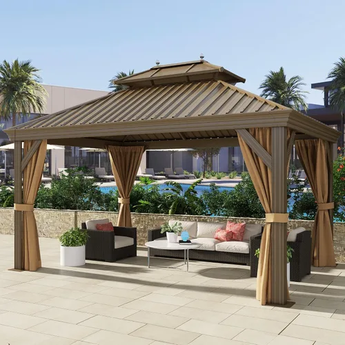 Miniatura 10 de DWVO Gazebo de techo rígido de 10 x 10 pies, techo doble con redes y cortinas, techo de rayas verticales de acero galvanizado resistente para patio