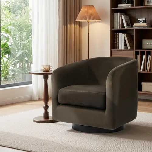 Miniatura 27 de Juego de 2 Sillas Giratorias de Acento, Silla Barril Tapizada en Tela para Sala de Estar, Cómodo Sillón Redondo Sofá Individual Asiento de Lino Beige