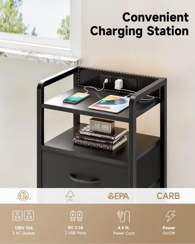 Miniatura 5 de Lazzanto Mesita de noche para dormitorio, mesita de noche con estación de carga y tira de luz LED, mesita de noche con estante de almacenamiento y 2