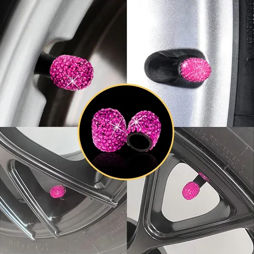 Miniatura 6 de Kewucn Bling Tapas para Vástago de Válvula de Neumático de Coche, Paquete de 4 Cubiertas Hechas a Mano con Diamantes de Imitación de Cristal Magenta