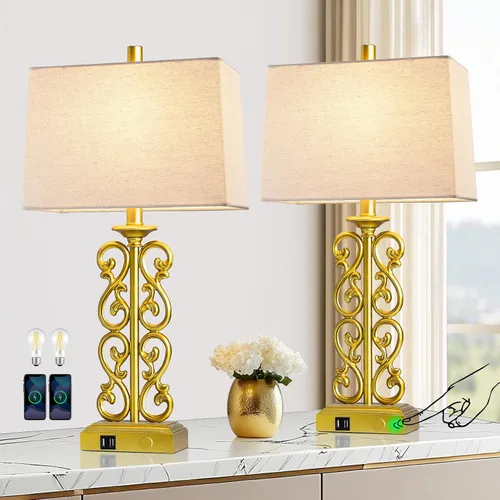 Miniatura 10 de AIEAMPDO Juego de 2 lámparas de mesa de resina estilo granja táctiles de 25" con 2 puertos USB, regulables de 3 vías, rústicas vintage, lámparas