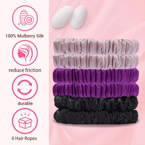 Miniatura 2 de 6 ligas y coleteros de seda para el cabello: versátiles para cabello rizado, grueso o fino, color negro para mujer, lindos coleteros de satén