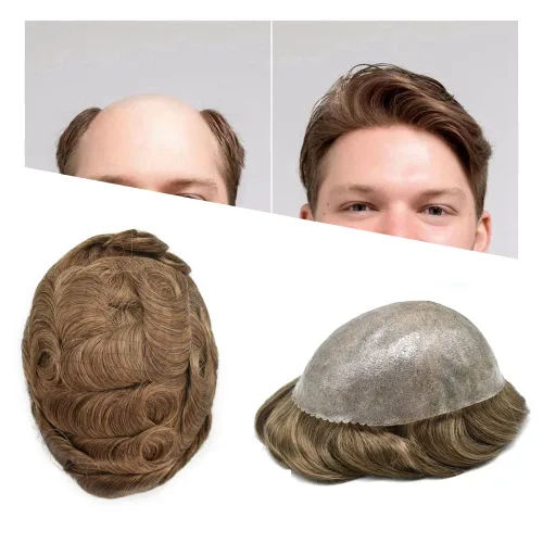 Miniatura 37 de Toupee para hombres Sistema de reemplazo de cabello humano Full Poly Mens Toupee Hairpiece inyectado PU peluca para hombre sistemas de cabello 1B#
