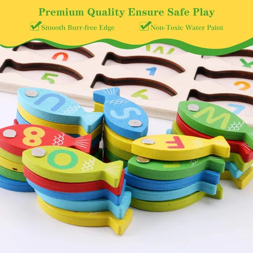 Miniatura 5 de Slotic Juego de pesca de madera magnético para niños pequeños – Alfabeto ABC Fish Catching Counting Aprendizaje Educación Matemáticas Preescolar