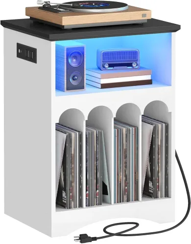 HOOBRO Soporte para tocadiscos con estación de carga y luces LED, gabinete de almacenamiento de discos de vinilo con capacidad para hasta 230