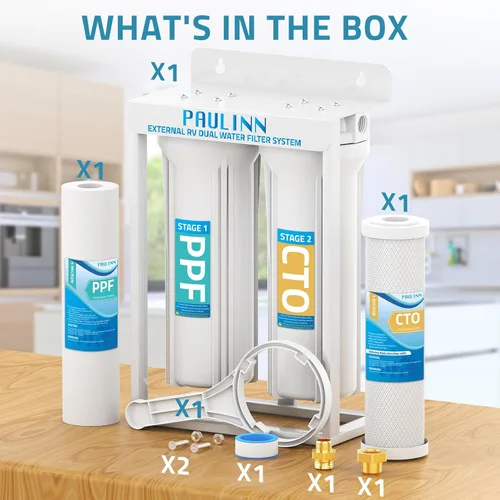 Miniatura 6 de PAULINN Sistema de Filtros de Agua Dobles Externos para RV, Filtro de Agua para Caravana Libre de Plomo y BPA con Accesorios de Latón y Soporte