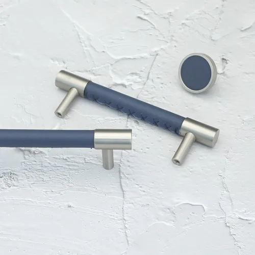 Miniatura 3 de Tirador de cuero azul de 3.78 pulgadas para armario, pomos de acero cepillado, accesorios modernos para muebles