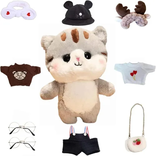 Miniatura 9 de Juguete de peluche de pato con 9 trajes y accesorios para combinar con ropa de vestir para niños (12 pulgadas) (gato gris)