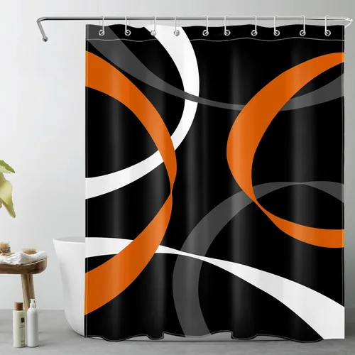 Miniatura 10 de LB Cortina de ducha abstracta rosa para baño, cortina de ducha de tela a rayas grises y blancas sobre fondo negro con ganchos, juego de cortinas