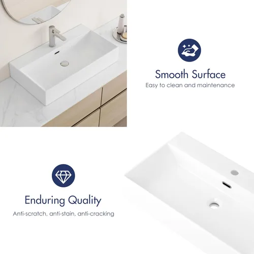 Miniatura 8 de Eridanus Lavabo de Baño 30" x 16" Lavabo Rectangular de Sobreponer, Montaje en Pared Sobre Mostrador Lavabo de Tocador, Lavabo de Cerámica Blanca