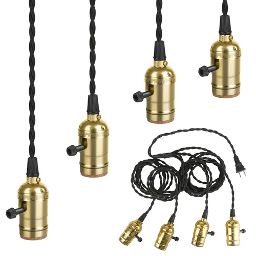 Kit de luz colgante vintage enchufable con portalámparas colgantes E26/E27 de 1 a 4, luz colgante industrial con interruptores rotativos Dorado