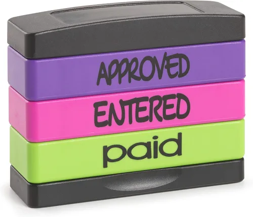 Stakz - Sello de mensaje preentintado – Aprobado, ingresado, pagado – tinta púrpura, rosa, verde – Tamaño de impresión: 5/8 "x 1-13/16"