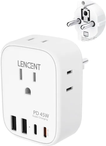 Miniatura 15 de LENCENT - Adaptador de enchufe de viaje europeo, enchufe plegable tipo C de Estados Unidos a Europa con 4 tomas, 4 puertos USB (2 USB C), adaptador