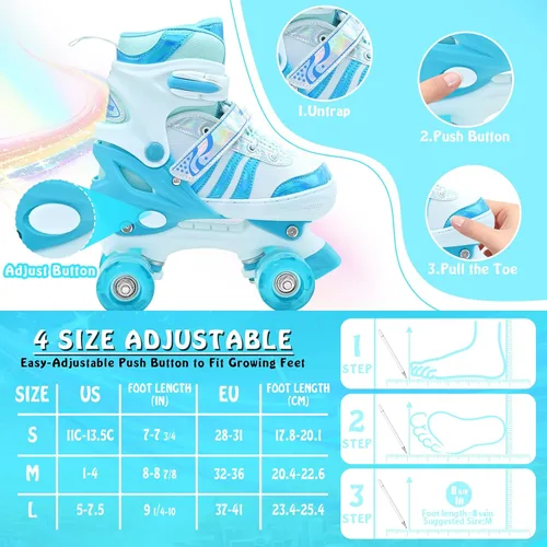 Miniatura 2 de Patines de ruedas para niñas, niños y niños, 4 tamaños ajustables, para interiores y exteriores, con ruedas iluminadas para principiantes de 3 a 12