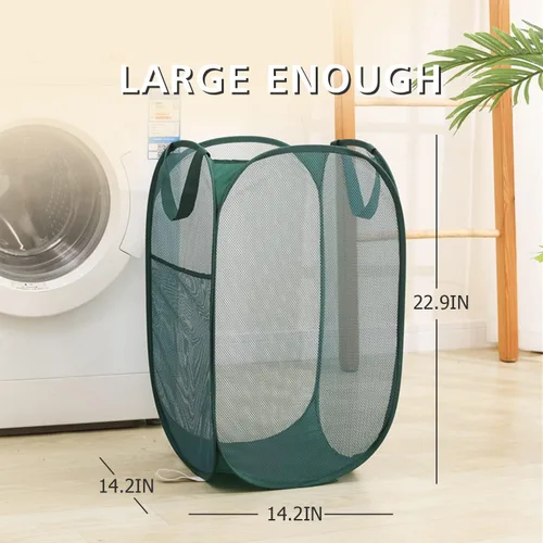 Miniatura 4 de HONOMA Cesta de Malla Resistente para Ropa Sucia Tipo Canasta Bolsa, Cesta Desplegable con Bolsillo Lateral para Cuarto de Lavado, Baño, Habitación