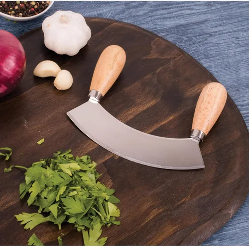 Miniatura 5 de HIC Kitchen Mezzaluna - Picador mecedor y cuchillo de picar con asas dobles, acero inoxidable, madera de caucho, para hierbas, verduras, nueces y más