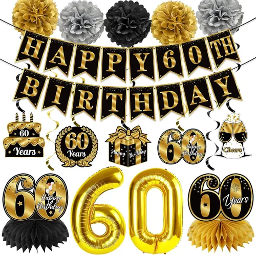 Decoraciones de cumpleaños de 60 años para hombres y mujeres, pancarta de feliz cumpleaños número 60, globos de felicitación a 60 años, decoraciones
