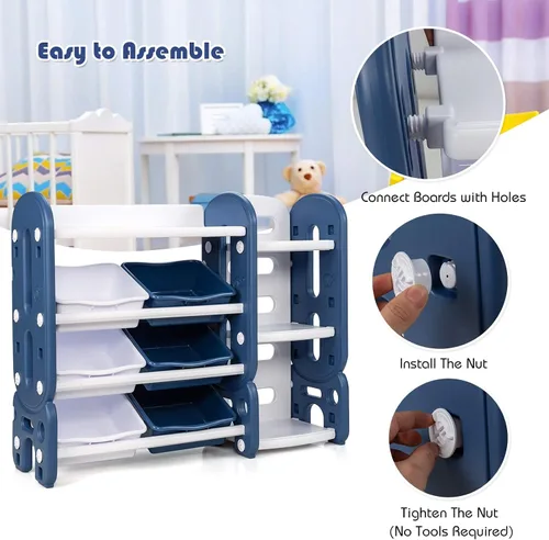 Miniatura 4 de HONEY JOY Organizador de almacenamiento de juguetes para niños de 4 niveles con 6 contenedores, unidad de almacenamiento de juguetes 2 en 1
