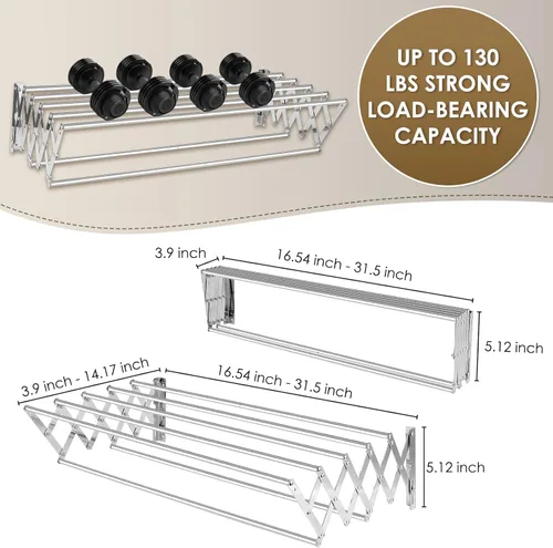 Miniatura 2 de XL-31.5 pulgadas - Estante de secado de ropa para montaje en la pared, 130 libras, gran capacidad, a prueba de óxido, retráctil, estante de secado