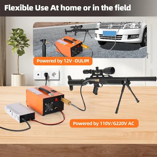 Miniatura 6 de Compresor de aire PCP, 4500 PSI/30 MPa, Fuente de alimentación dual 12V CC/110V CA, Bomba de inflado rápido sin aceite, Compresor de aire portátil