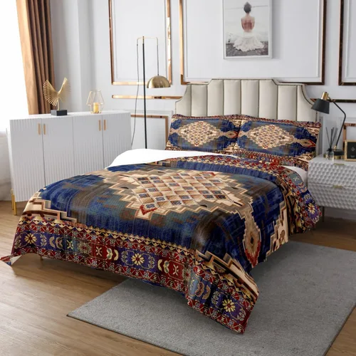 Miniatura 3 de Erosebridal Colcha King, Colcha Exótica Bohemia, Cobertor de Encaje Bohemio Tribal Floral Rojo Amarillo Azul Degradado Retro, Acolchado Egipcio