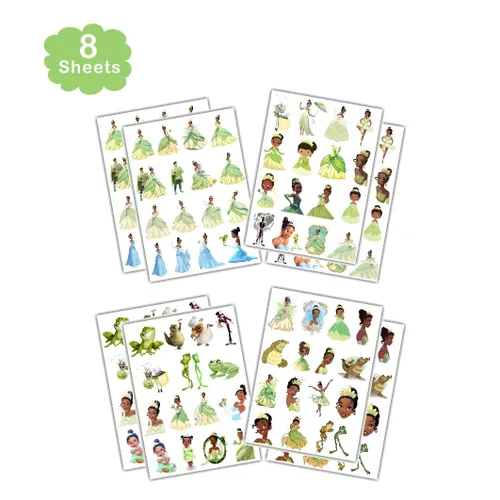 Miniatura 4 de 8 hojas de tatuajes temporales de princesa Tiana para suministros de fiesta, tatuajes temporales de princesa y rana para decoraciones de fiesta