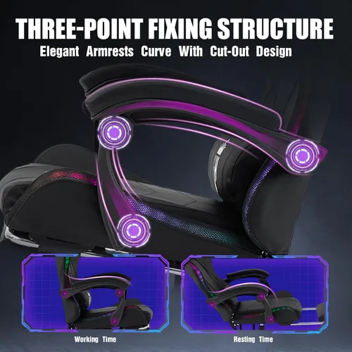 Miniatura 7 de Silla de juegos RGB con reposapiés, silla de juegos de computadora con luces LED para adultos, silla reclinable con reposacabezas ajustable, soporte
