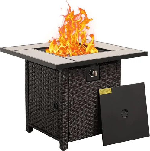 Mesa de fogata de gas de mimbre marrón de 50000 BTU, mesa de fogata para exteriores de 30 pulgadas con superficie de mármol con veta de madera,