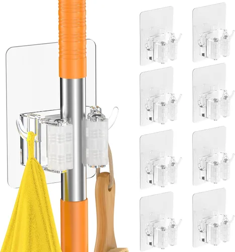 Miniatura 8 de Batur Soporte de pared para escoba, paquete de 4 soportes adhesivos para trapeador y escoba, soporte de pared, súper antideslizante, organizador