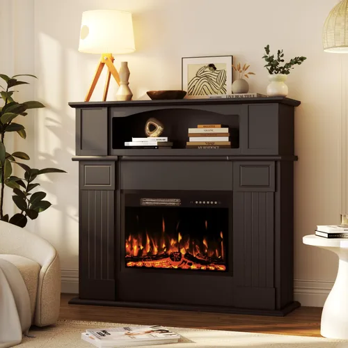 PRETZI Chimenea eléctrica de 43 pulgadas con repisa, chimenea eléctrica de madera negra envolvente con repisa, inserto de chimenea de imitación
