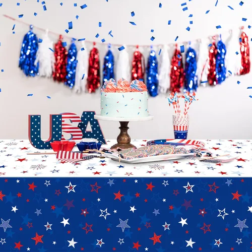 Miniatura 5 de Paquete de 3 manteles patrióticos decorativos para el Día de la Independencia del 4 de julio, fundas de plástico impresas con estrellas y fuegos