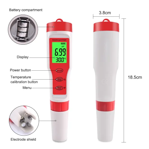 Miniatura 3 de Medidor de PH 4 en 1 Gomass 0.01 Probador de pH de alta precisión digital para agua TDS/EC/Temp/PH Pen