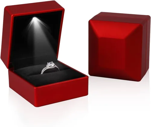 Miniatura 3 de iSuperb 2 cajas de anillo LED iluminadas para propuestas, compromisos, bodas, regalos (2 unidades, rojo)