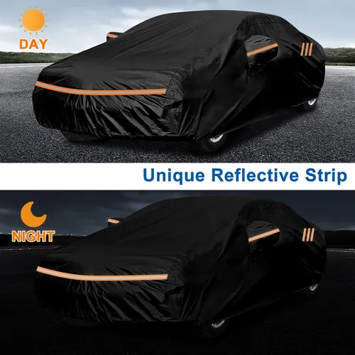 Miniatura 5 de Funda de automóvil para todo tipo de clima para sedán, hasta 193 pulgadas, funda premium para interiores y exteriores con tira reflectante larga
